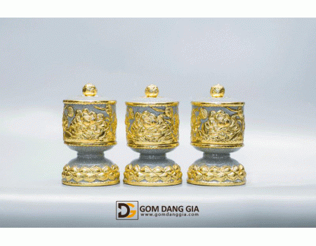 Bộ đài nước đắp nổi hoa sen mạ Vàng men rạn cổ Bát Tràng	